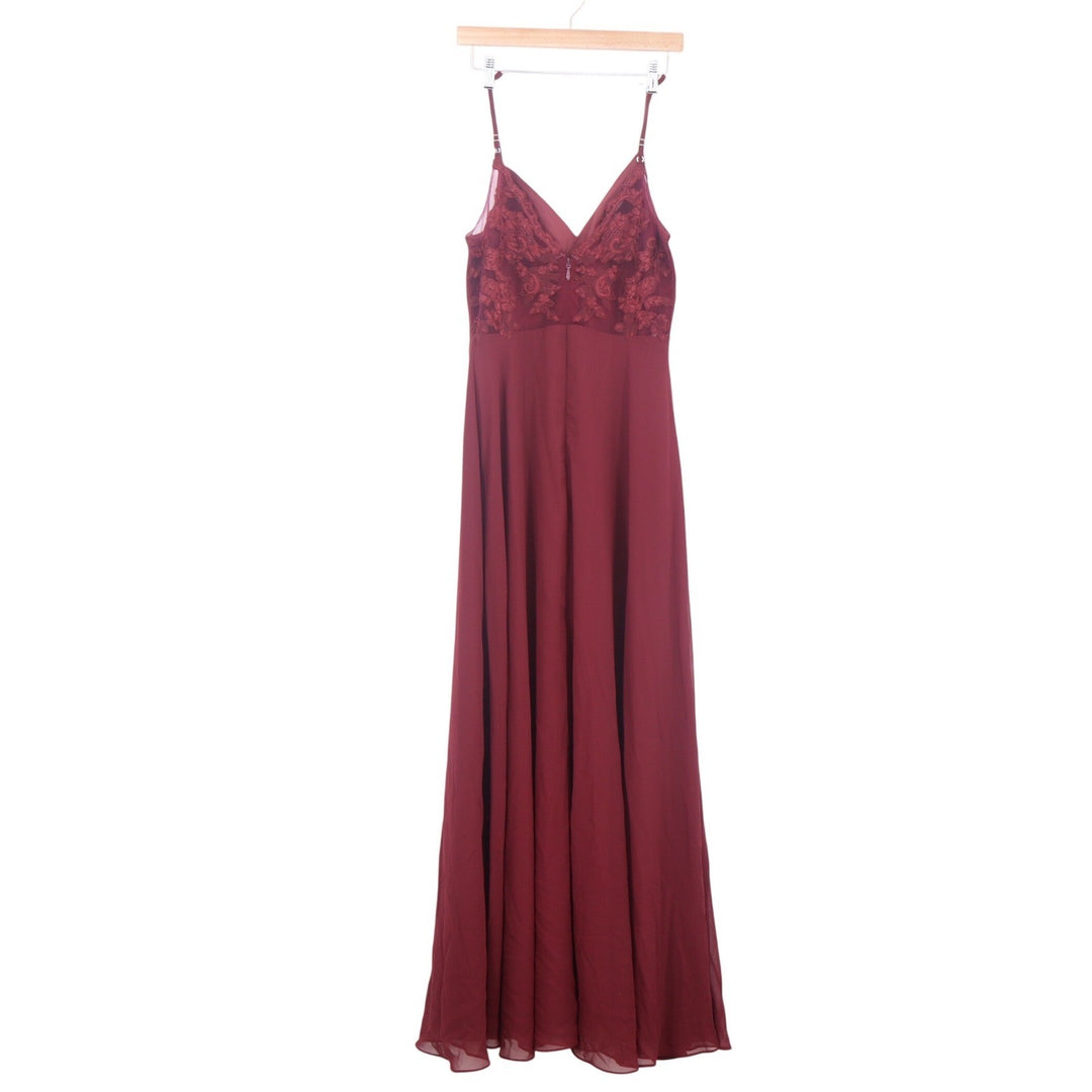 Azazie Burgundy V-Neck Chiffon Maxi Bridesmaid Dress Lace Back Slit Size 10