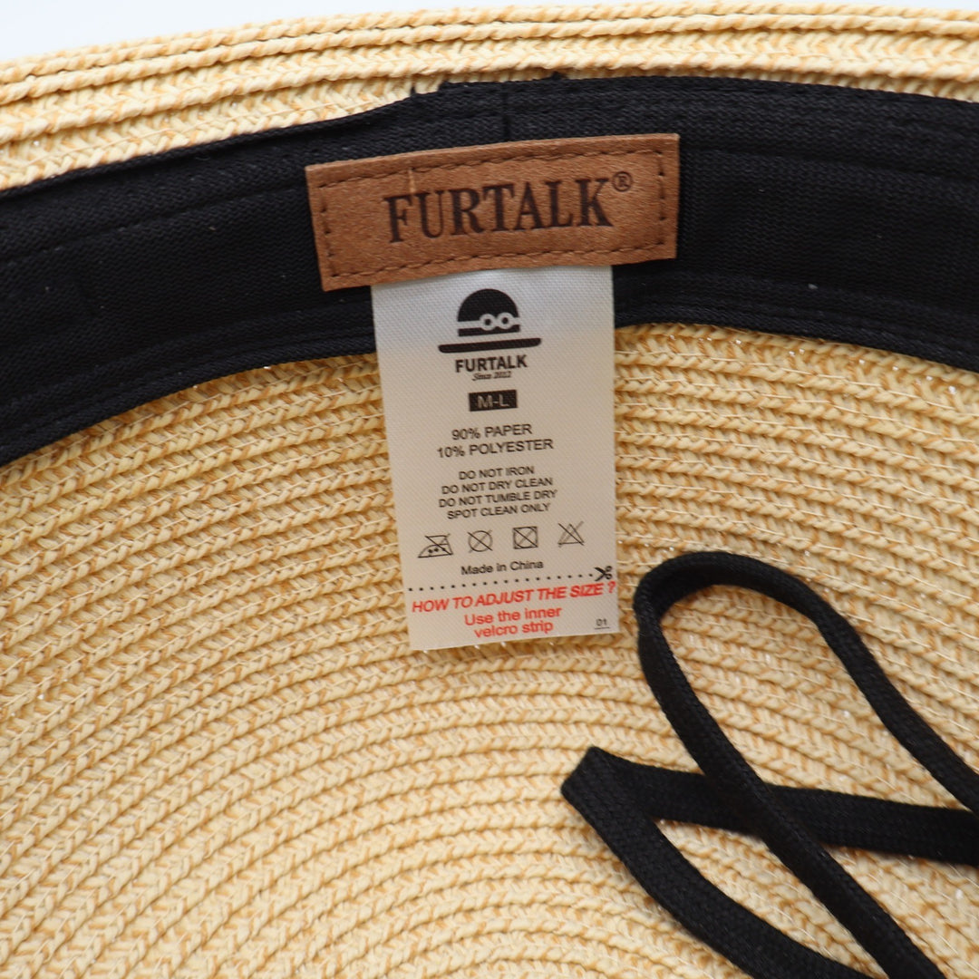 FURTALK Sun Hat Womens M/L Wide Brim Packable Straw Beige Ribbon Bow Excellent