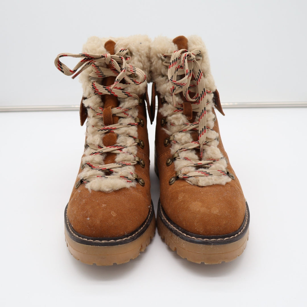 Time And Tru Womens US 8.5 Brown Leather Faux Fur Collar Ankle Cozy Hiking Boots