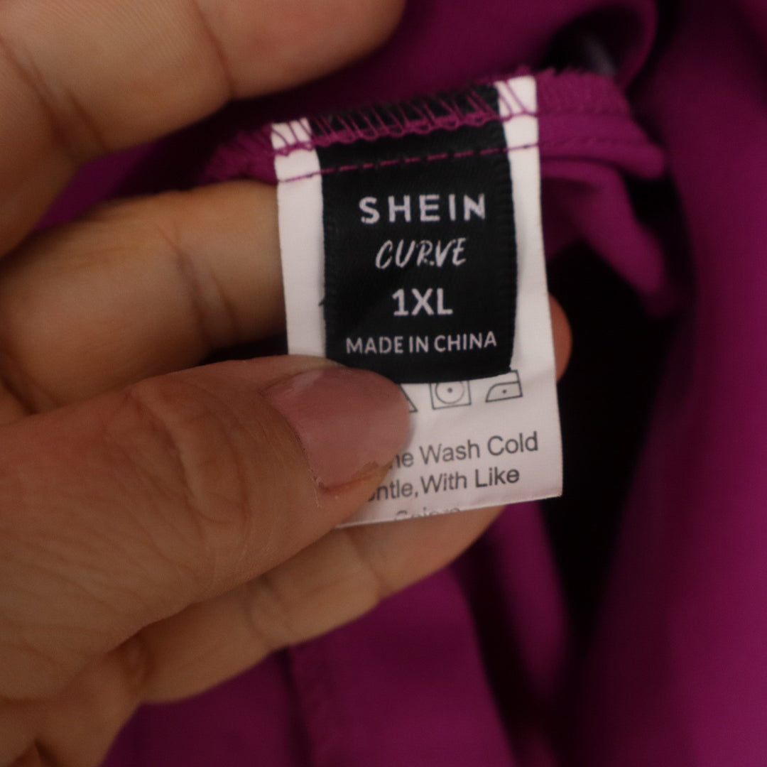 Shein Curve Magenta Long Sleeve Smocked Cuff Button Down Blouse Plus Size 1XL
