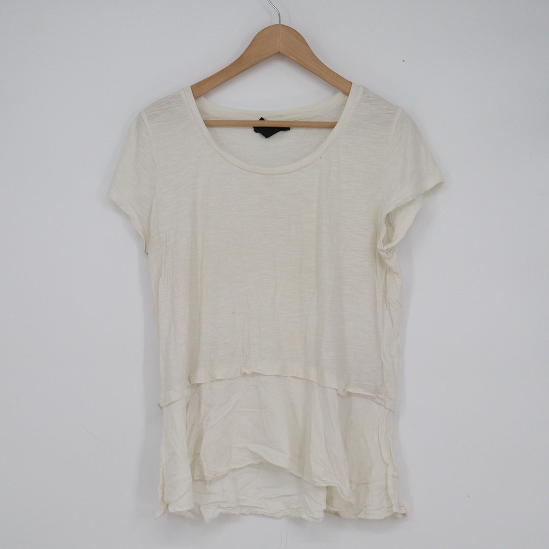 Style & Co Women's Medium Ivory Mixed Media Tiered Short Sleeve Knit Top