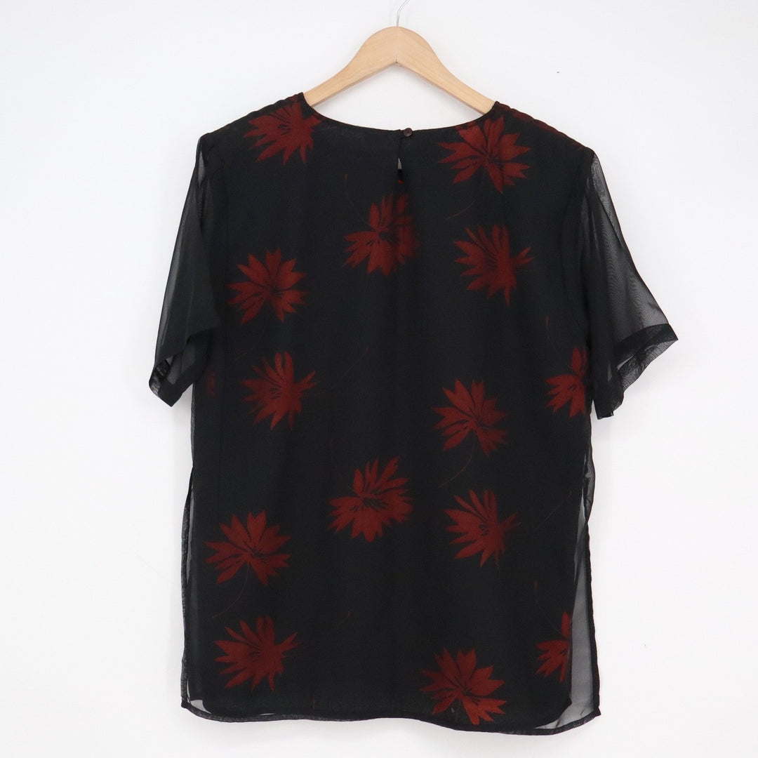 Kaktus Womens M Black Sheer Double Layer Floral Blouse Short Sleeve Red Flowers