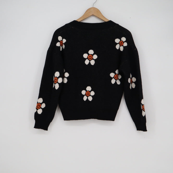 Black Smiley Face Daisy Floral Knit Cardigan V-Neck Button Front Sweater