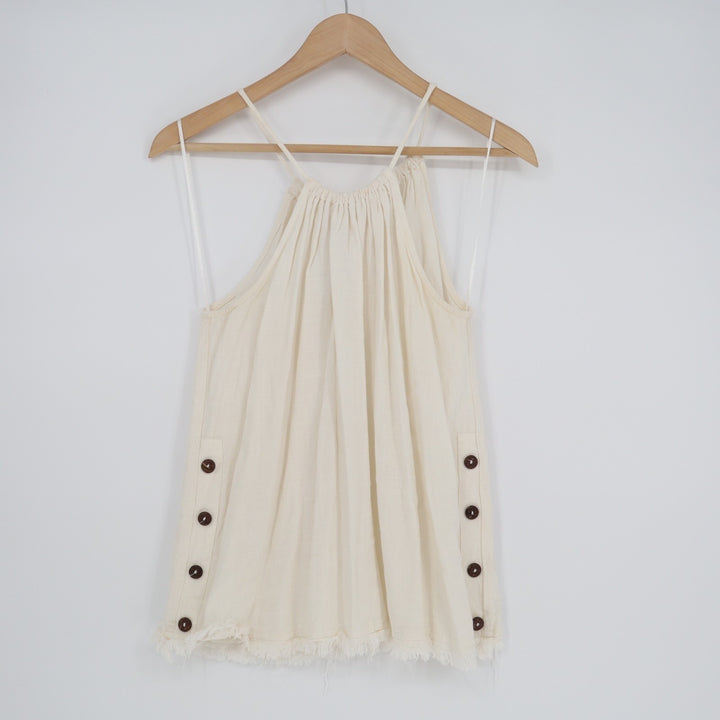 Promesa Beach Mini Dress Womens Medium White Halter Neck Raw Hem Button Details