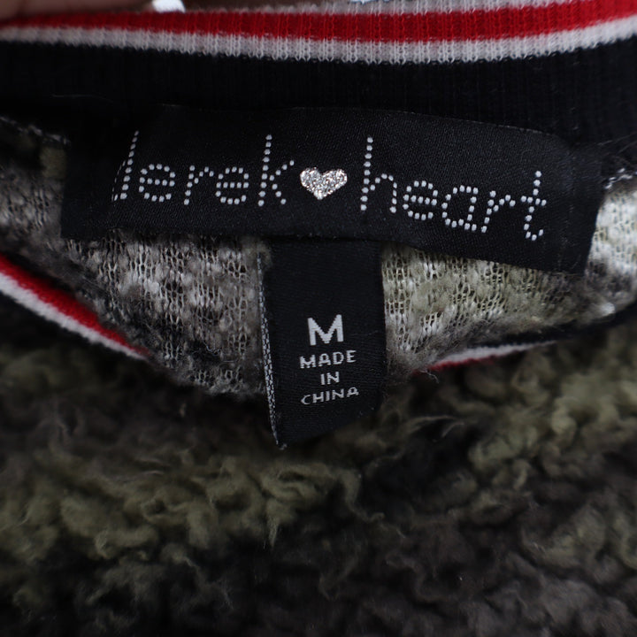 Derek Heart Camo Sherpa Fleece Pullover Sweater Green Brown Striped Trim Medium