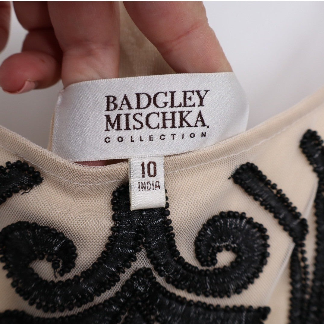 Badgley Mischka Collection Embellished Sheath Vintage Dress Black Beige Size 10
