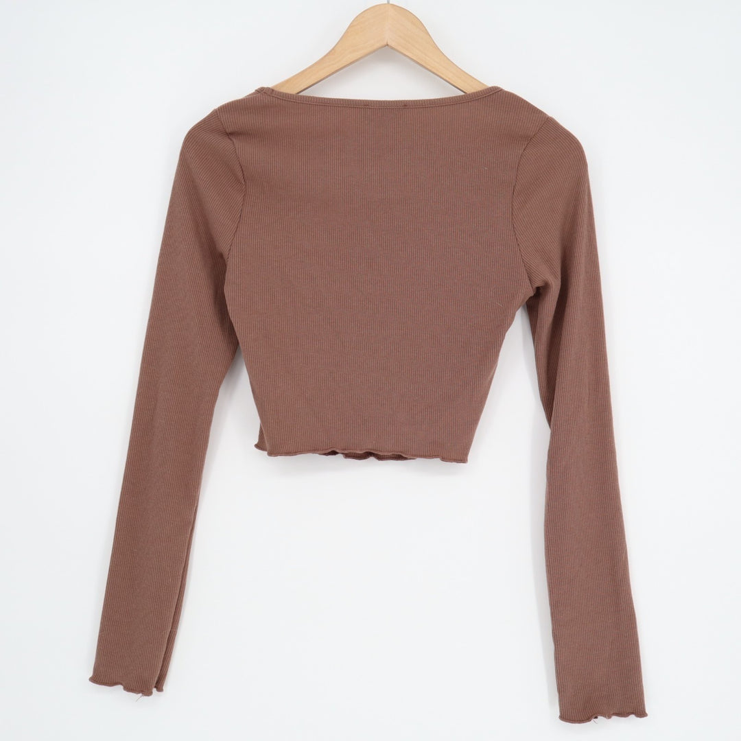 Pink Lily Crop Top Womens Medium Brown Stretch Ribbed Square Neck Long Sleeve