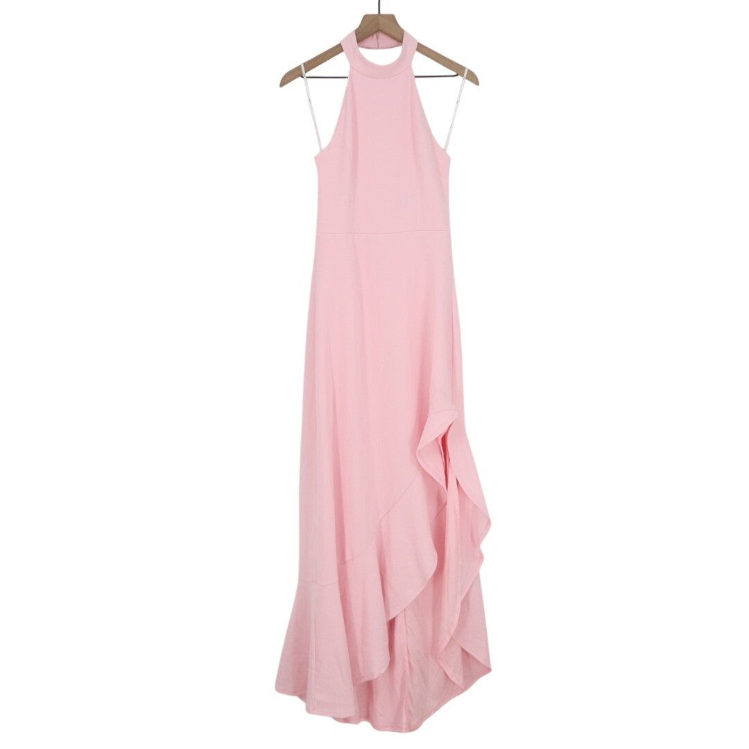 Lulus Majestic Perfection Maxi Dress Womens M Light Pink Ruffled Hem Halter Neck