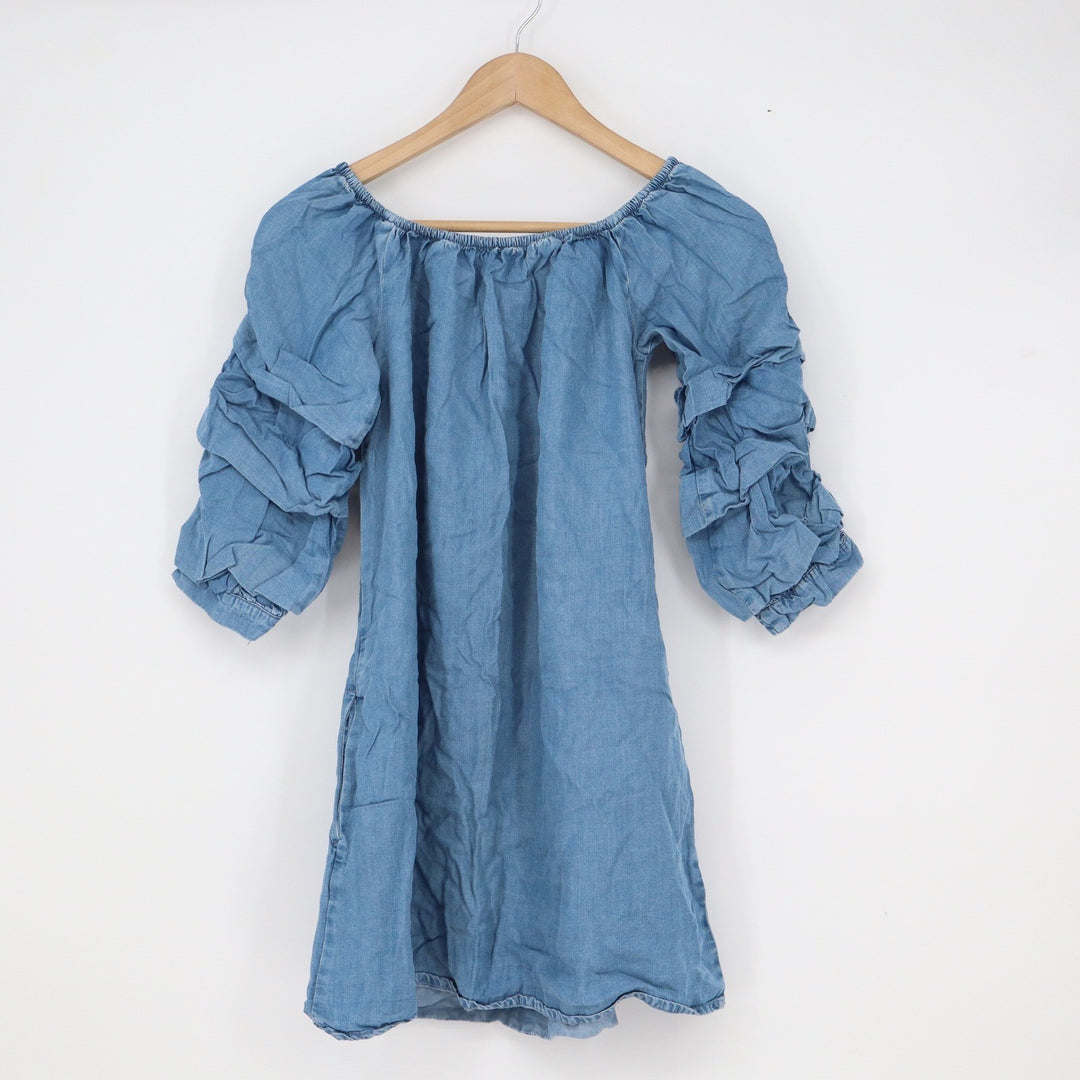 Zara Woman Premium Denim Blue Off Shoulder Ruched Ruffle Sleeve Mini Dress XS