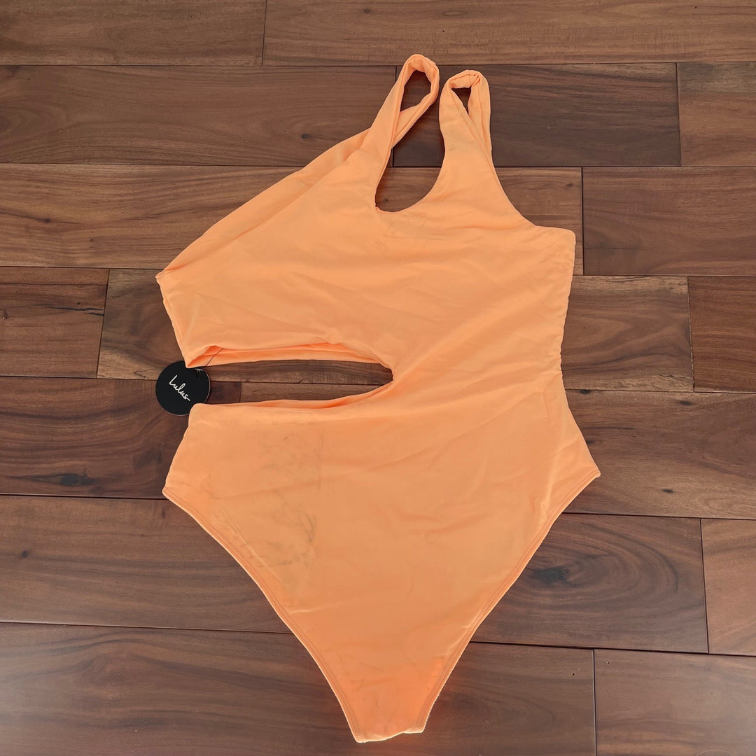 Lulus Sun Bound Neon Peach Cutout One-Shoulder One-Piece Swimsuit Size XL