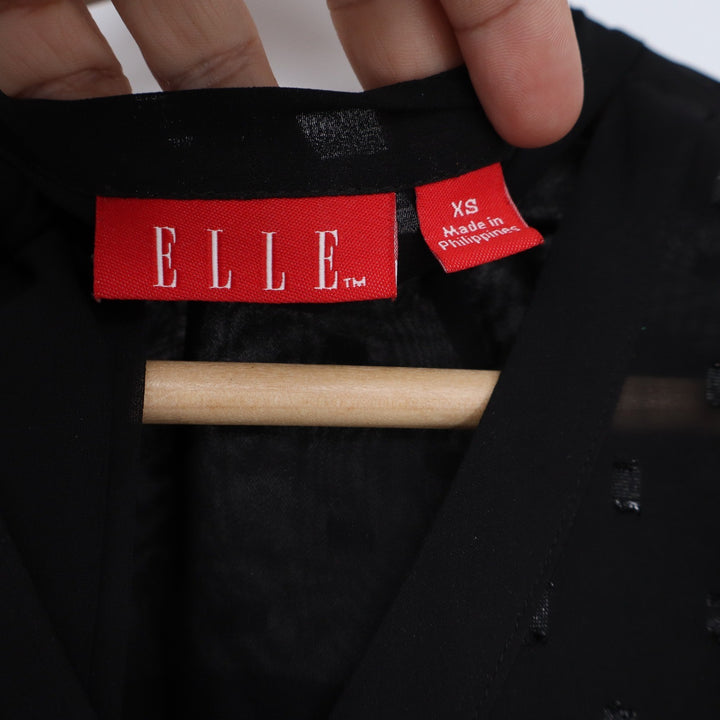 Elle Blouse Womens XS Sheer Swiss Dot Black Tie Neck Excellent