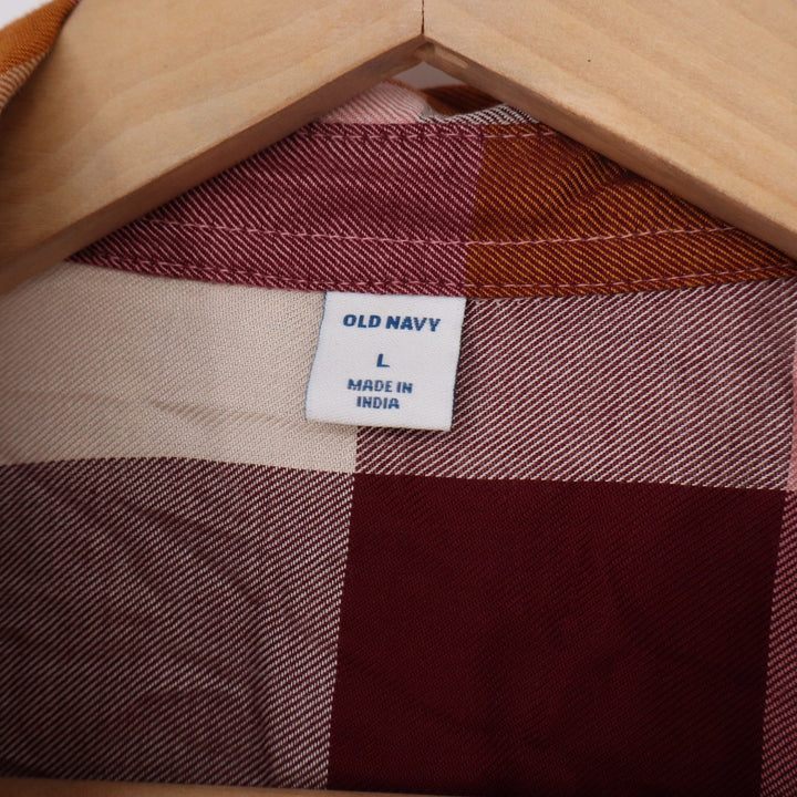 Old Navy Womens Large Plaid Shirt Dress Pink Orange Burgundy Rayon Long Sleeve
