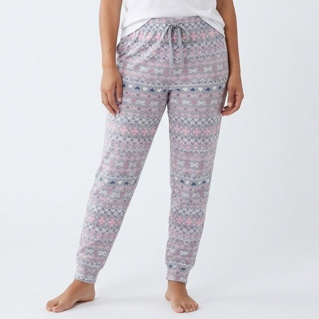 Cuddl Duds Pajama Pants Womens Small Gray Pink Fair Isle Heart Print Stretch