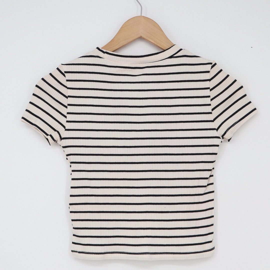 H&M T-Shirt Womens S Divided Basic Cream Black Striped Ribbed Crop Top Excellent