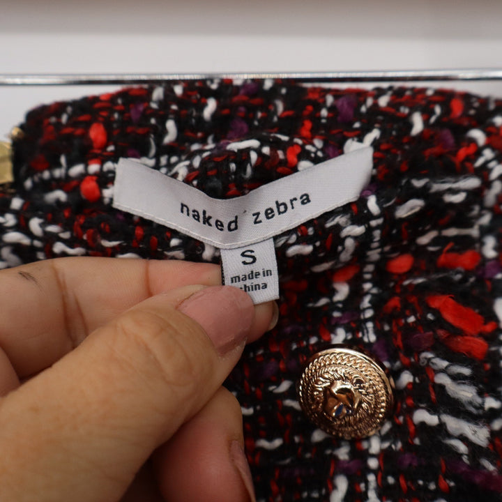 Naked Zebra Red Plaid Tweed Mini Skirt Gold Button Asymmetrical Frayed Hem S