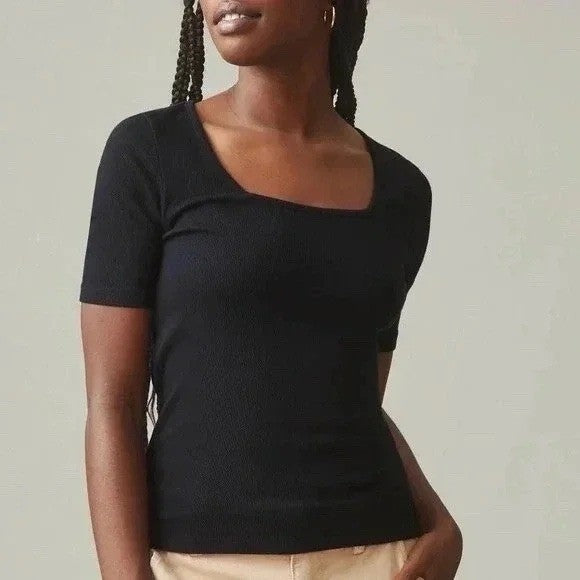 American Giant Black Ribbed Square Neck Short Sleeve Tee Shirt Womens Medium