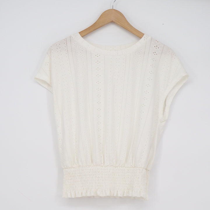 SHEIN White Eyelet Smocked Waist Peplum Blouse Cap Sleeve Top Womens Size M