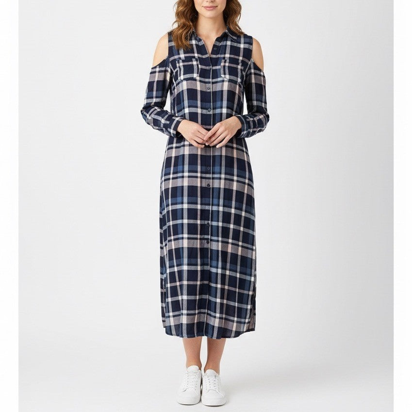 Maison Jules Plaid Cold Shoulder Maxi Shirt Dress Navy Pink Blue XS Tie Waist