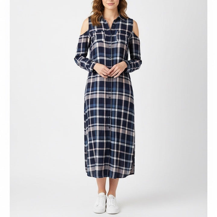 Maison Jules Plaid Cold Shoulder Maxi Shirt Dress Navy Pink Blue XS Tie Waist