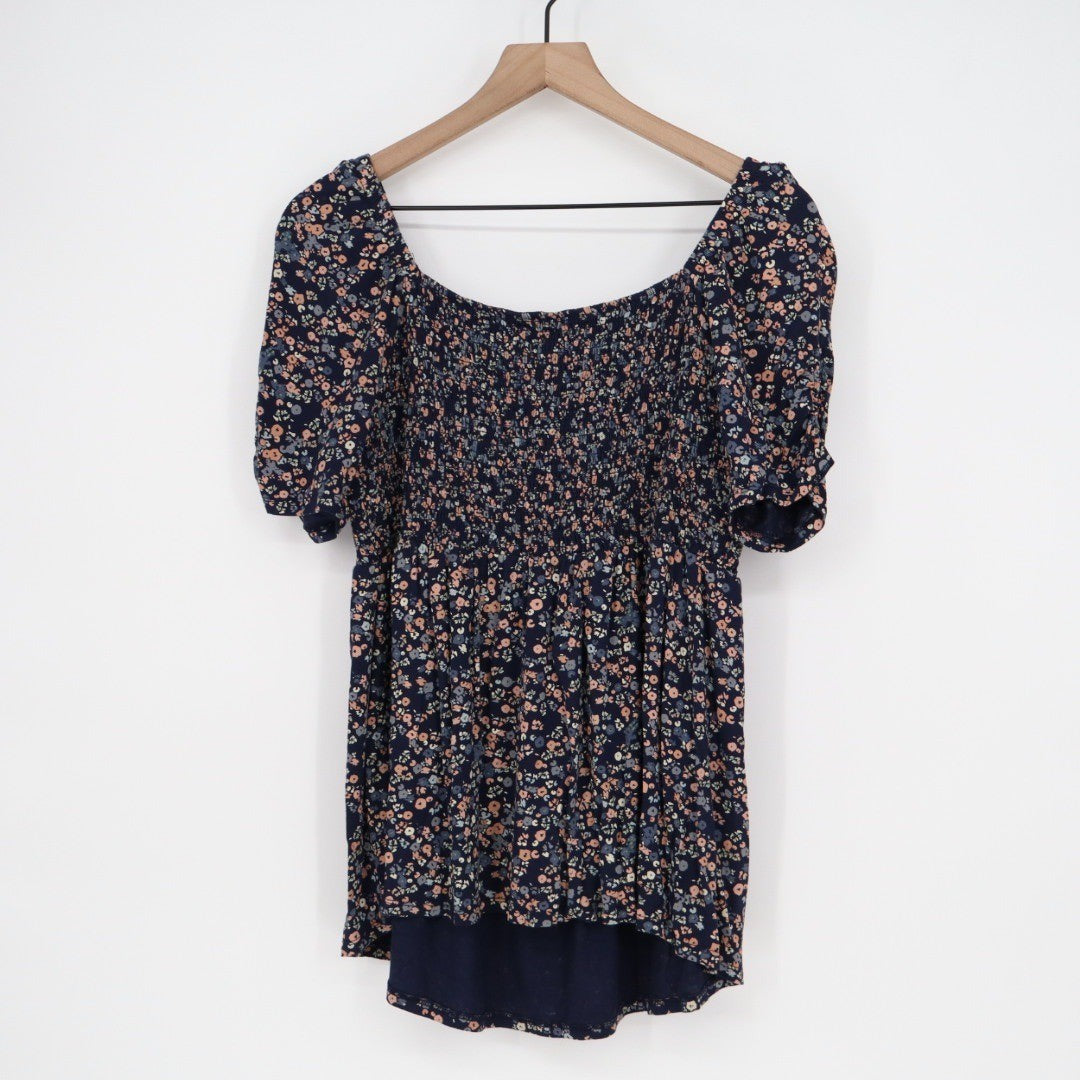 Isabel Maternity Smocked Bodice Floral Print Square Neck Puff Sleeve Top XL