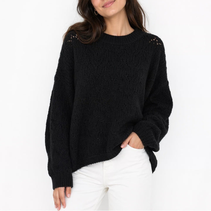 Old Navy Sweater Womens L Black Crew Neck Perforated Detail Ribbed Hem Oversized