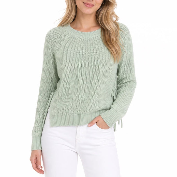SHEIN Mint Green Shaker Knit Side Tie Lace Up Sweater Large Crew Neck Pullover