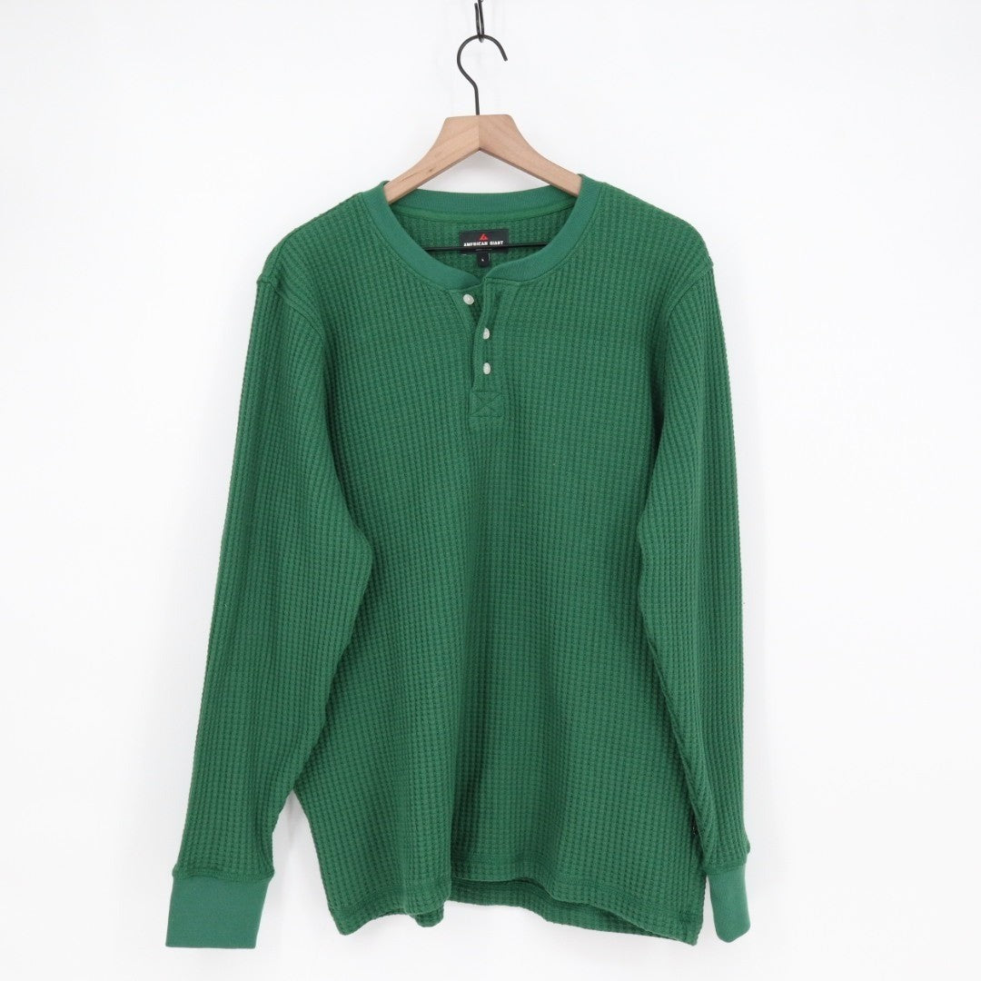 American Giant T-Shirt Men L Hunter Green Cotton Stretch Waffle Knit Henley Neck