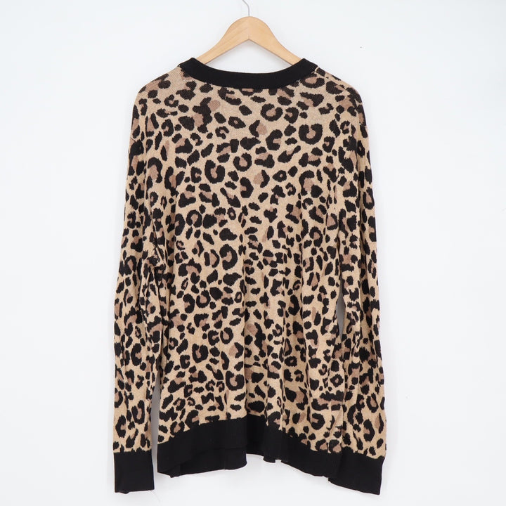 Ava & Viv Womens 2X Leopard Print Crewneck Sweater Tan Black Cotton Blend