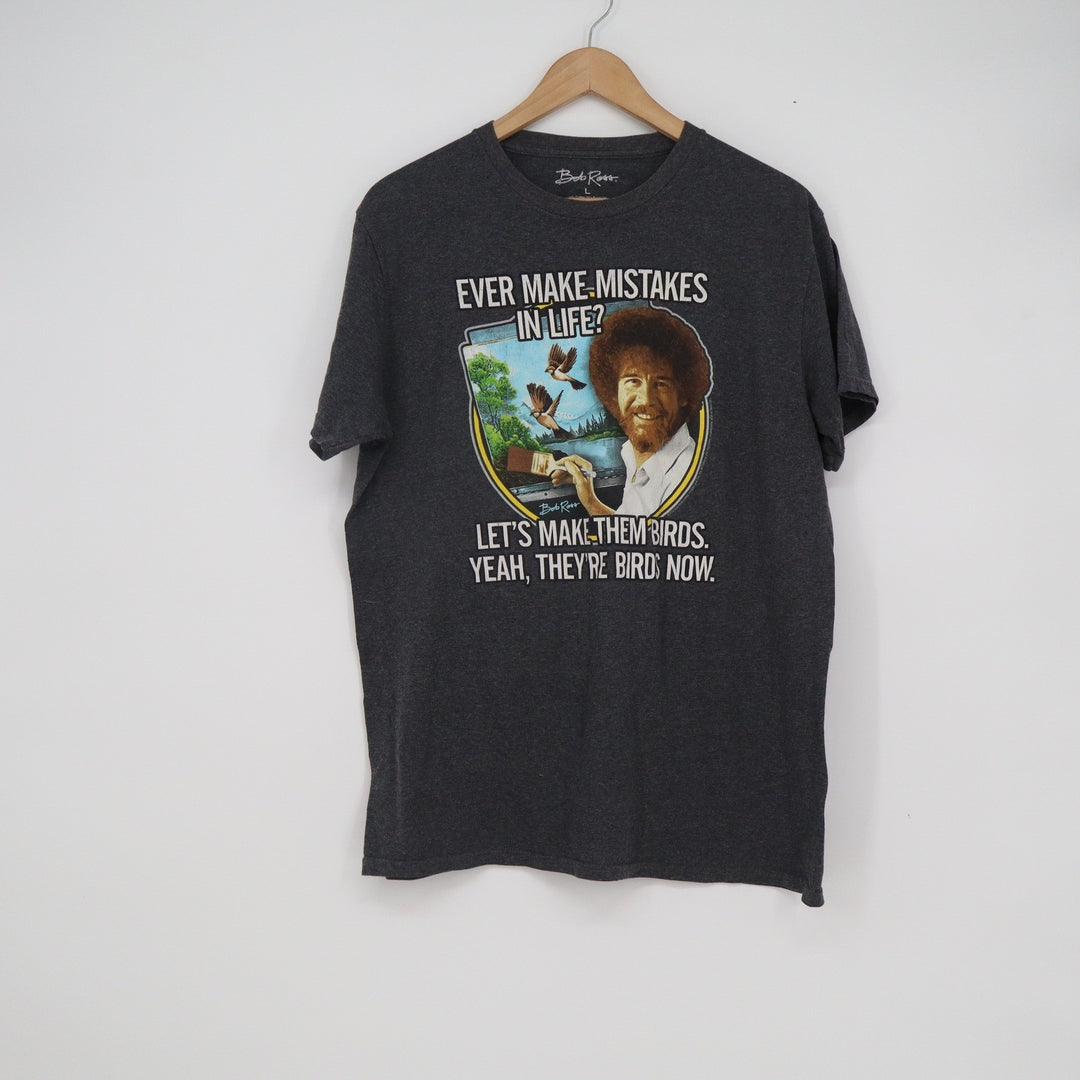 Bob Ross Mens Large Charcoal Gray Happy Little Accidents Graphic T-Shirt