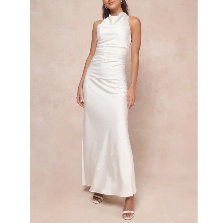 Lulus Effortlessly Sensational Maxi Dress Womens L White Satin Backless Back Zip
