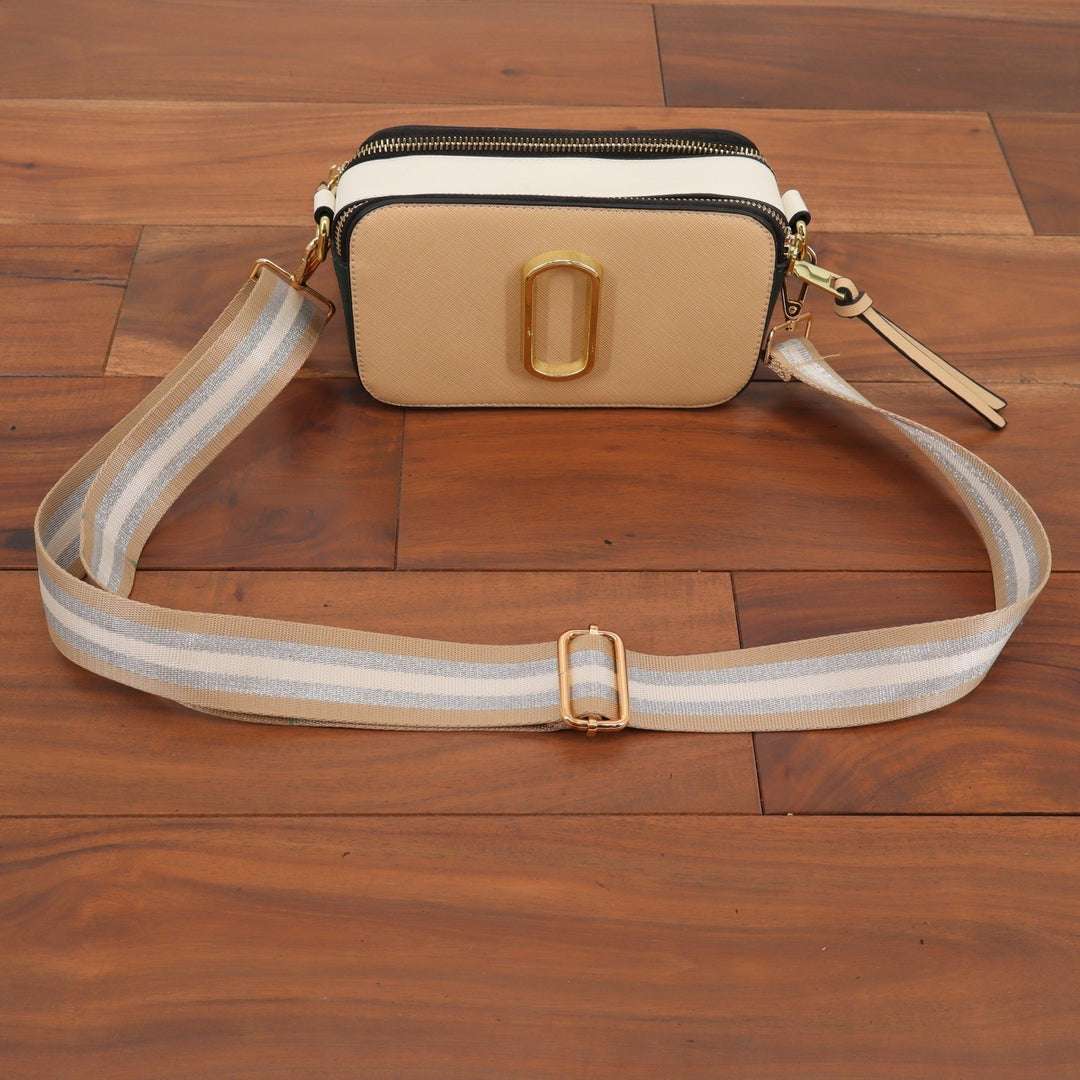 Tri-Color Saffiano Leather Camera Bag Beige White Black Crossbody Webbing Strap