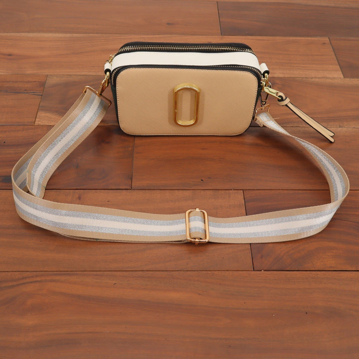 Tri-Color Saffiano Leather Camera Bag Beige White Black Crossbody Webbing Strap
