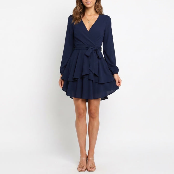 Navy Blue Long Sleeve Tiered Ruffle Mini Dress Wrap V-Neck Size L