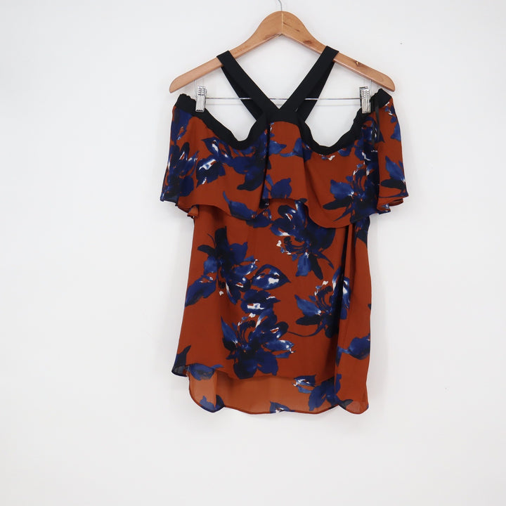 INC Blouse Womens L Cold Shoulder Rust Orange Blue Floral Ruffle Strappy