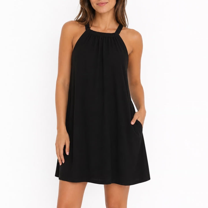 Wiholl Mini Dress Womens XL Black Stretch Pleated Drawstring Neck Sleeveless
