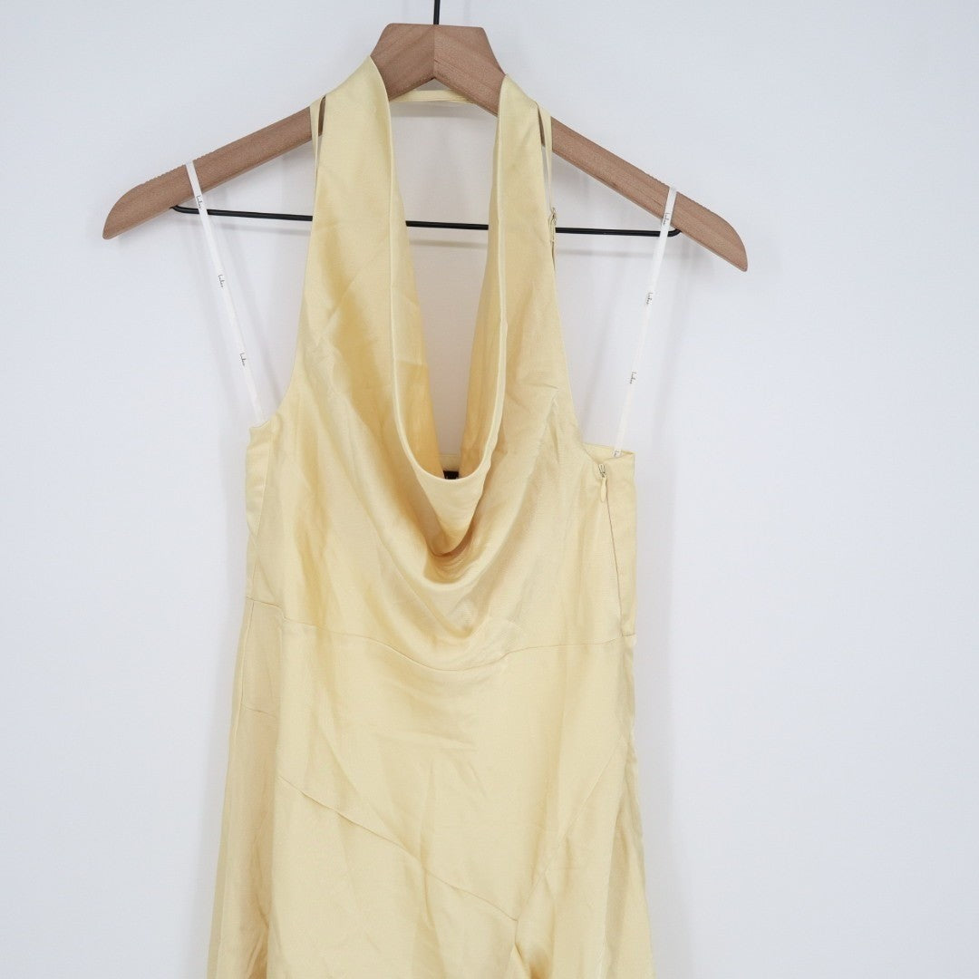 Lulus Evette Pale Midi Dress Womens Small Yellow Satin Cowl Ruffled Handkerchief