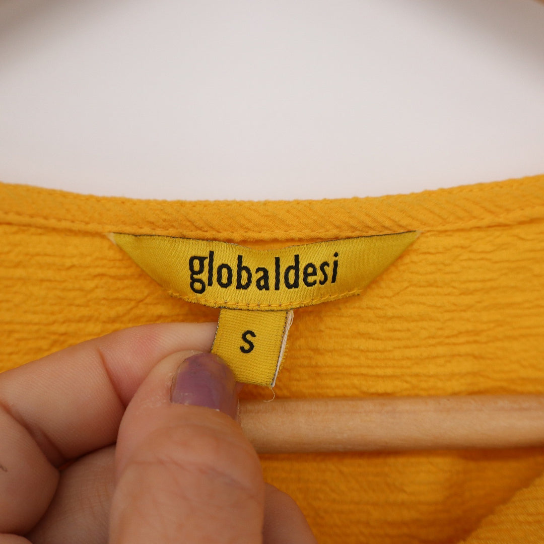 Global Desi Mustard Yellow Floral Embroidered Boho Tunic Top Small