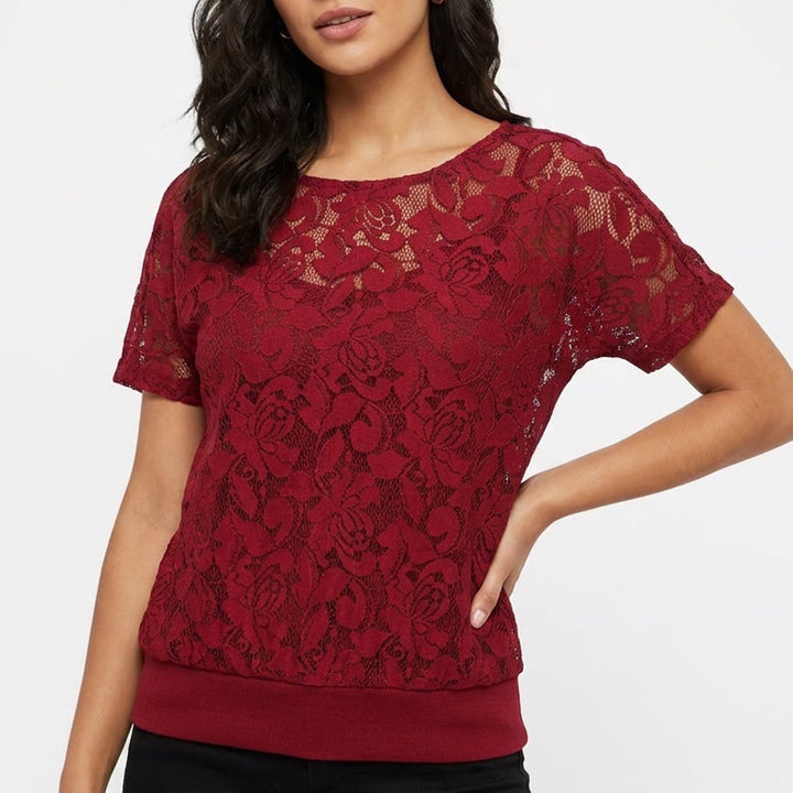 edc by Esprit Womens Red Floral Lace Short Sleeve Ribbed Hem Top Small