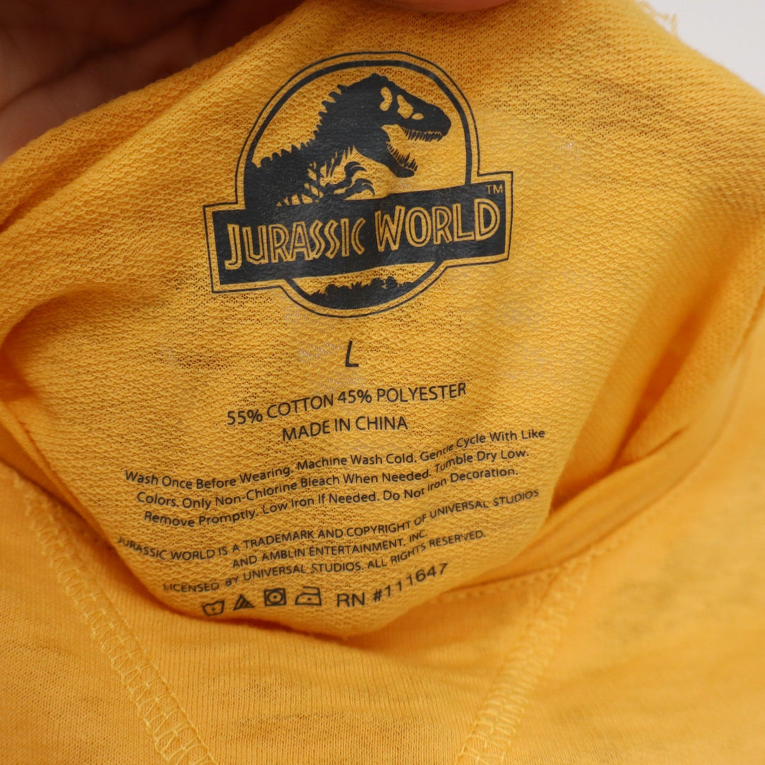 Jurassic World Park Graphic T-Shirt Yellow Varsity Stripe Sleeve Large