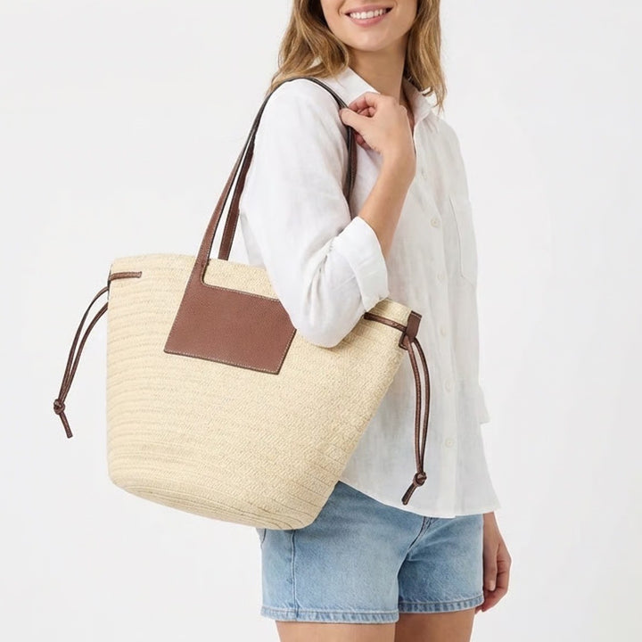Womens Handbag Beige Straw Crochet Leather Double Handle Pocket Shoulder Bag
