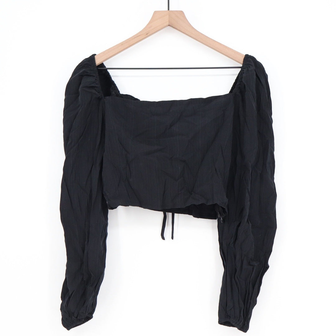 Shein Black Milkmaid Crop Top Long Puff Sleeve Tie Front Square Neck Size L