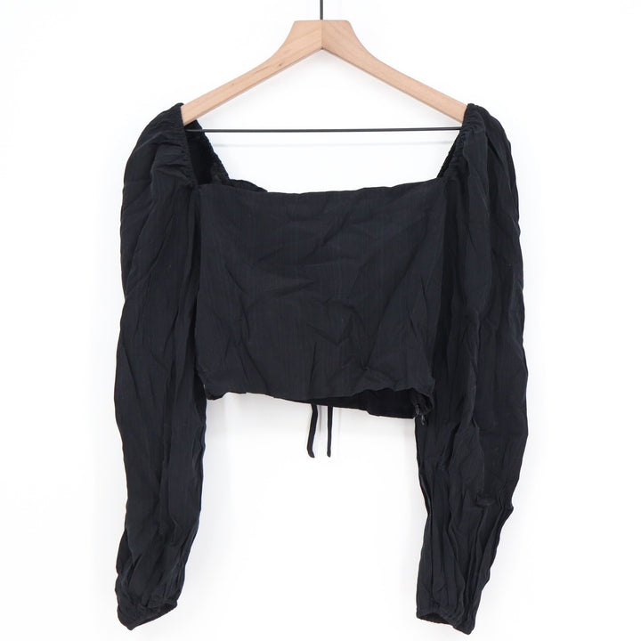 Shein Black Milkmaid Crop Top Long Puff Sleeve Tie Front Square Neck Size L