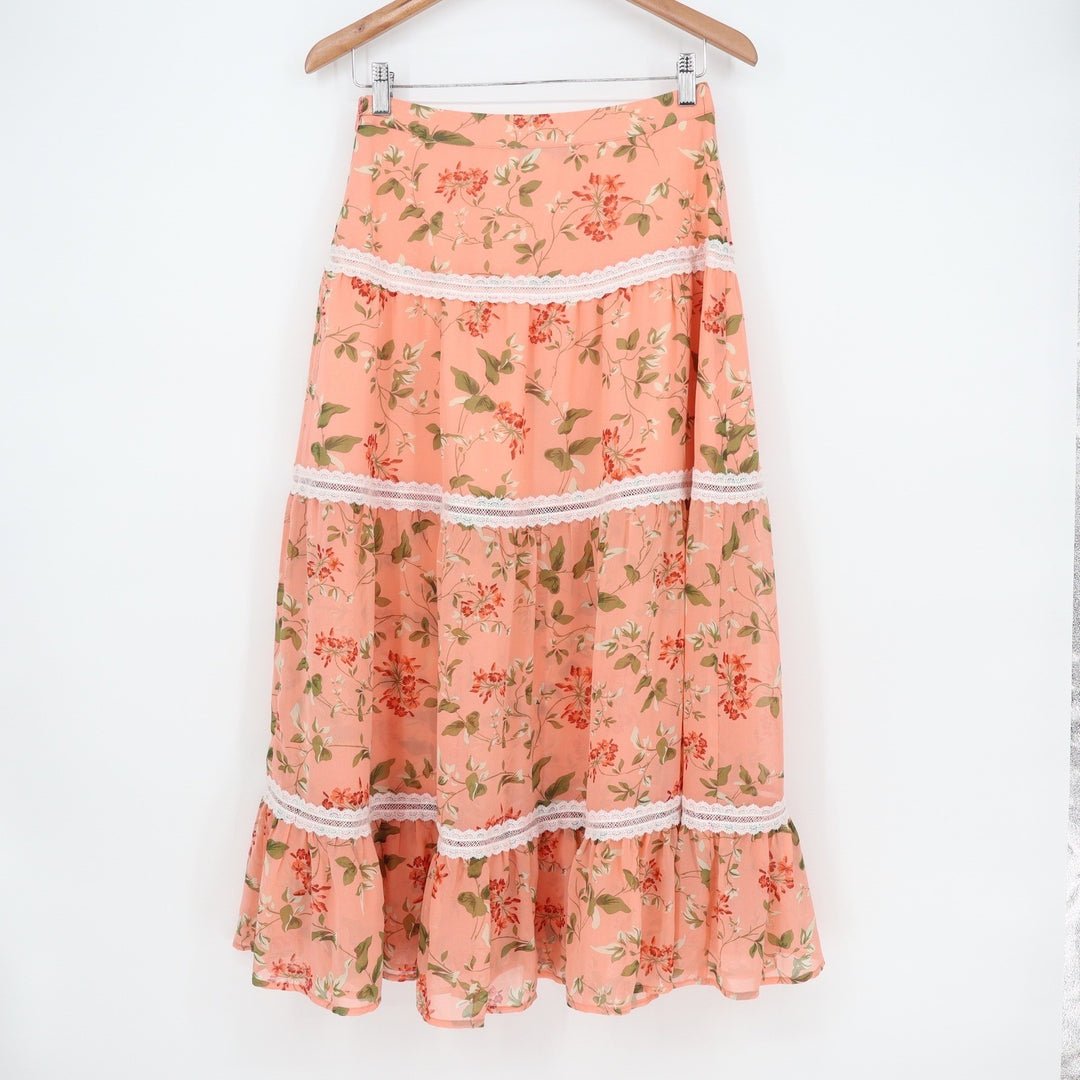 Endless Rose Peach Floral Tiered Midi Skirt Lace Trim Button Front Womens Size S