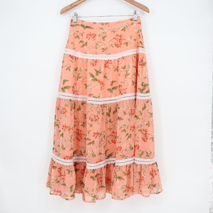 Endless Rose Peach Floral Tiered Midi Skirt Lace Trim Button Front Womens Size S