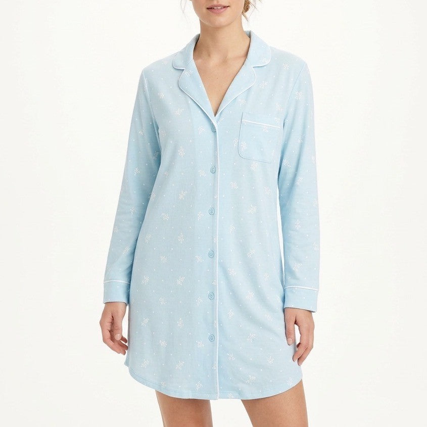 Charter Club Intimates Pajama Shirt Women Large Blue Floral Stretch Lapel Collar