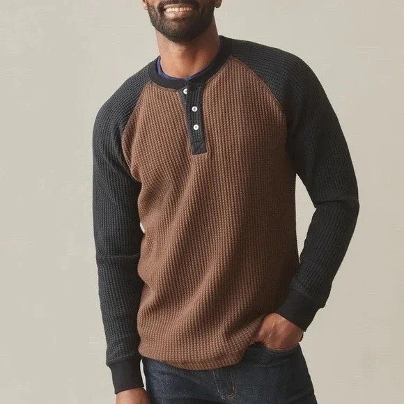 American Giant T-Shirt Mens Large Cocoa Black Colorblock Waffle Knit Henley Neck