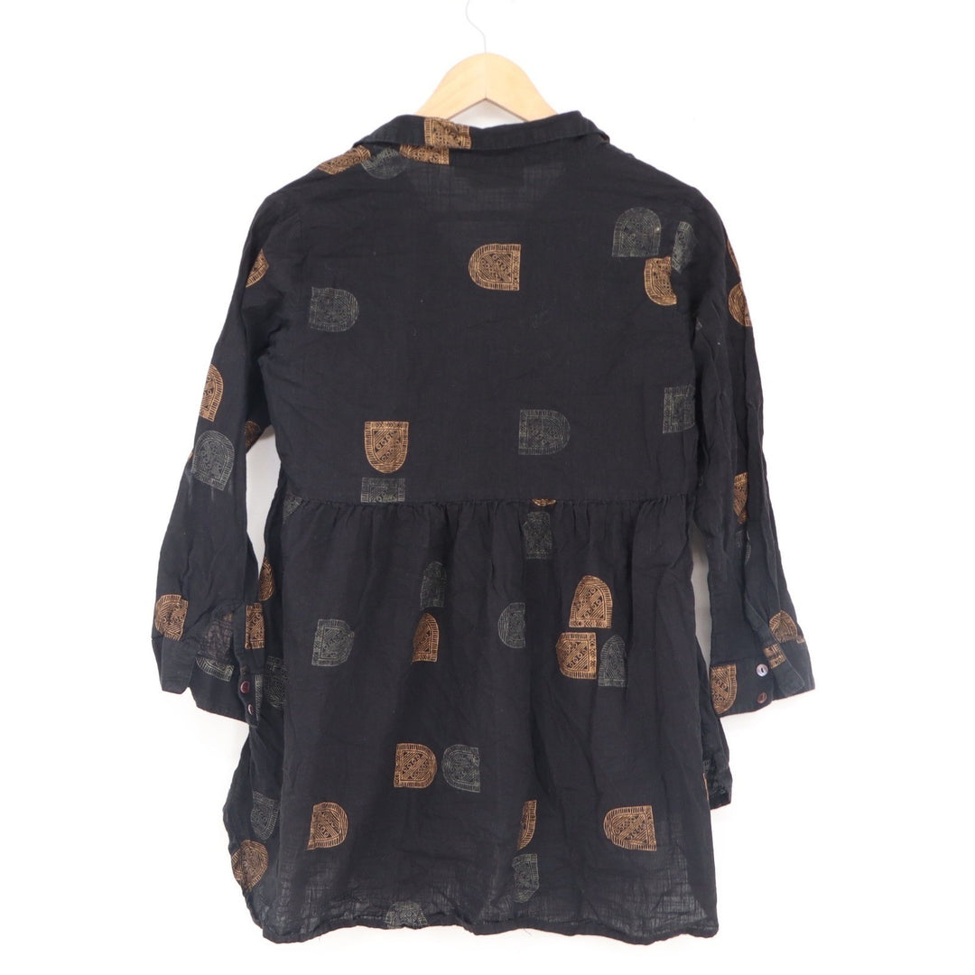 Utsa Womens Small Black Cotton Geometric Block Print Babydoll Tunic Top Shirt