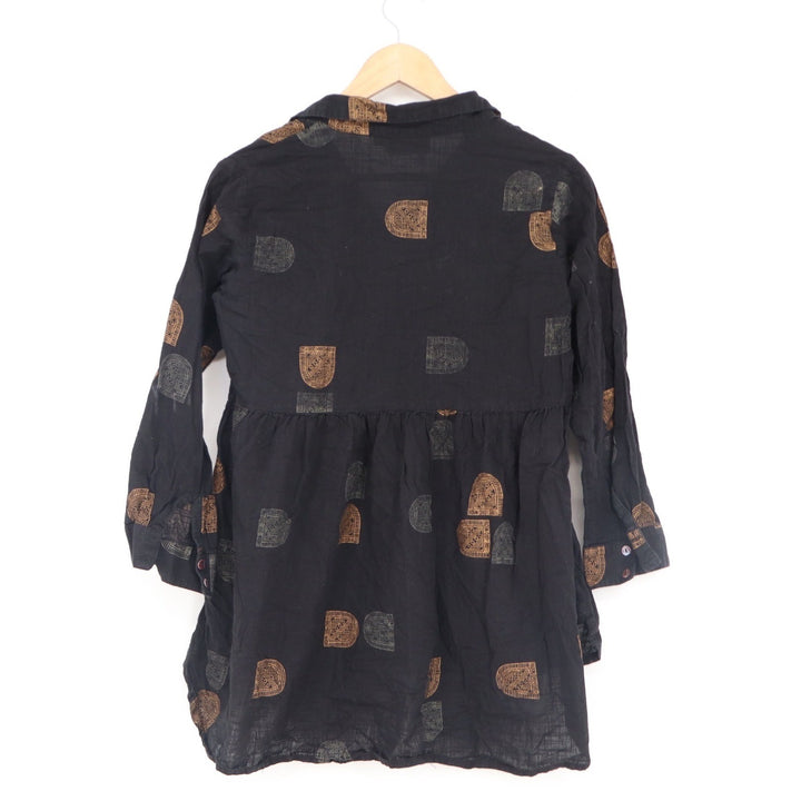 Utsa Womens Small Black Cotton Geometric Block Print Babydoll Tunic Top Shirt