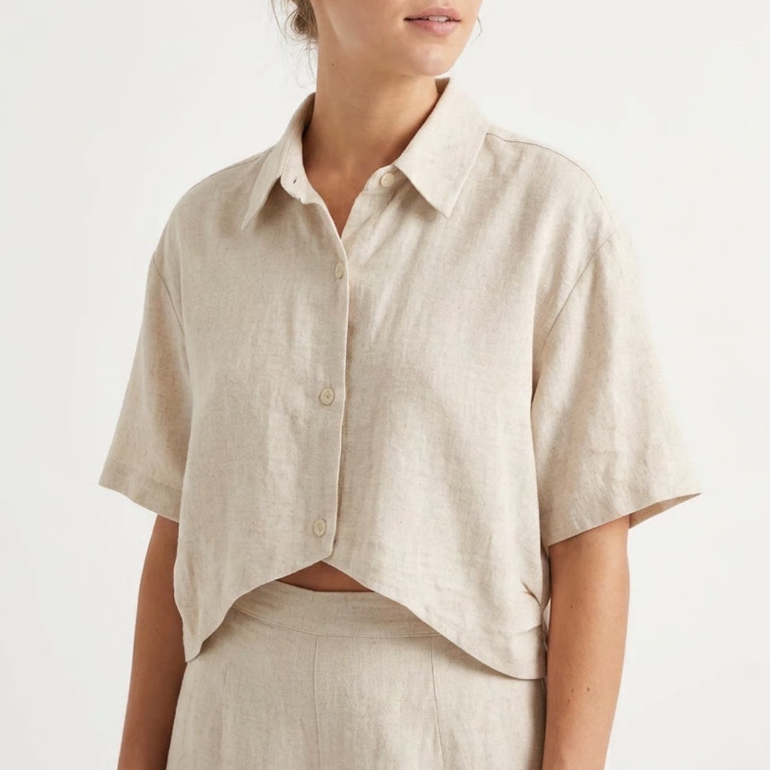 STIL Collection Oatmeal Cotton Linen Cropped Button Down Shirt Large