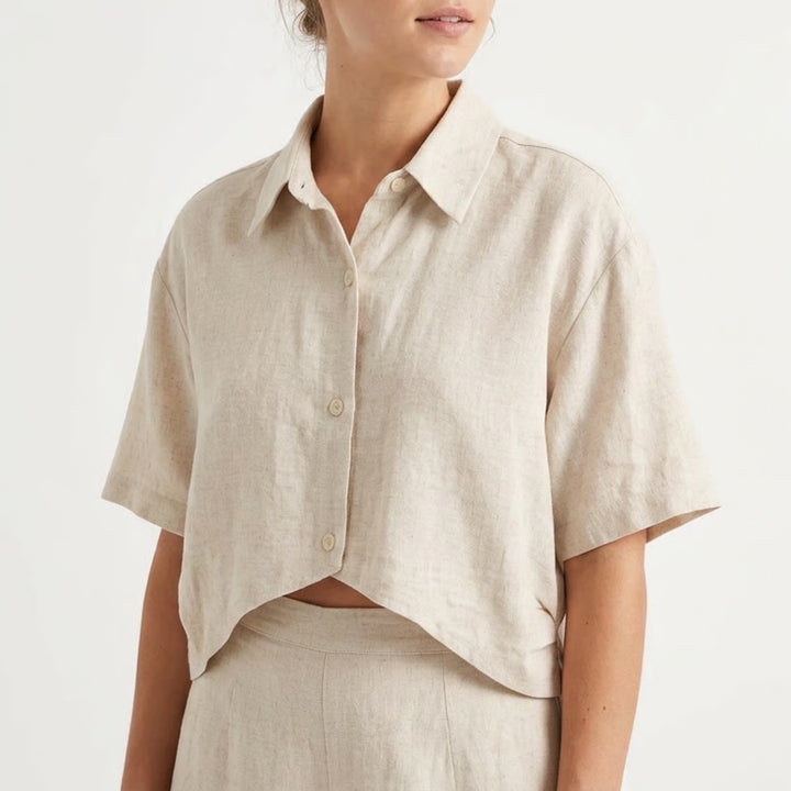 STIL Collection Oatmeal Cotton Linen Cropped Button Down Shirt Large